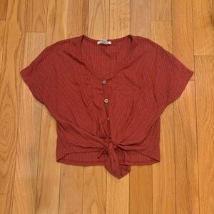 Caution To The Wind Button-Front Crop Top - Rust